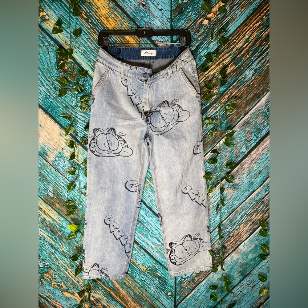 Oloey Garfield Black Cartoon Art Blue Jeans